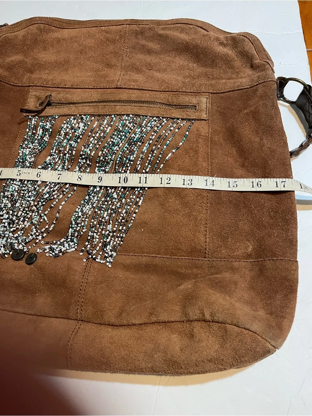 Free People Suede Hobo Shoulder Bag beaded fringe braided shoulder strap BOHO